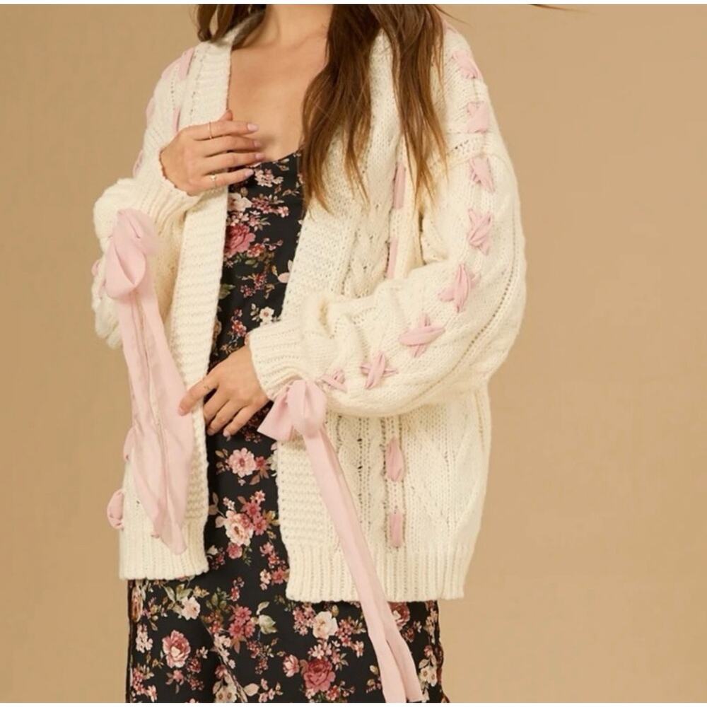 Altar’d State Callie Ribbon Chunky Knit Cardigan Small Coquette Cottagecore Fall